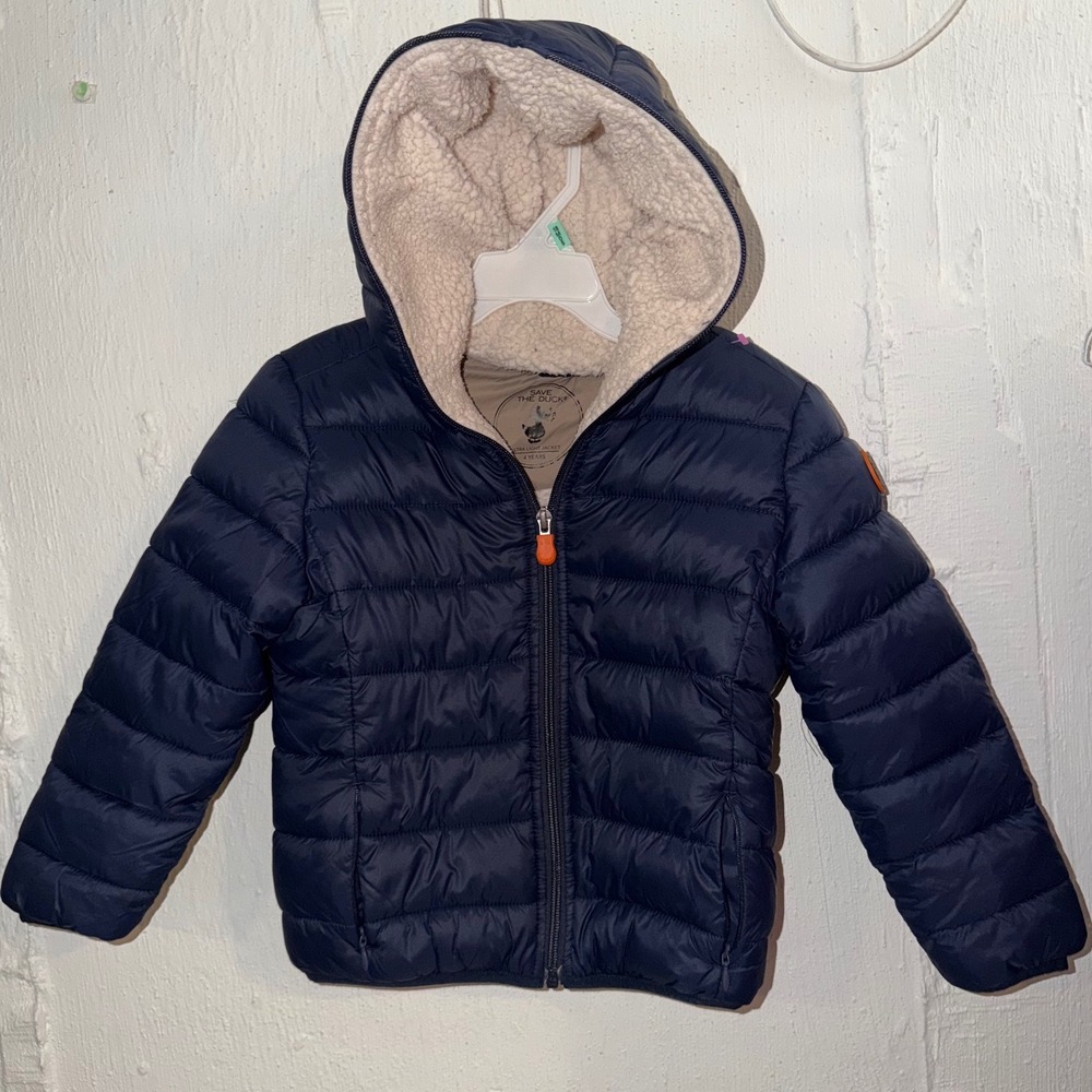Save The Duck Kids Navy Blue Ultra Light Puffer Jacket Faux Shearling Hood 4Y